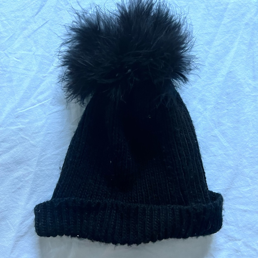 Express black beanie with feather puff — one size, stretchy